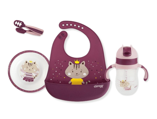3. Kit Introdução Alimentar Clingo - Milky com Tigela, Colher de Silicone, Copo de Transição e Babador Impermeável, Livre de BPA