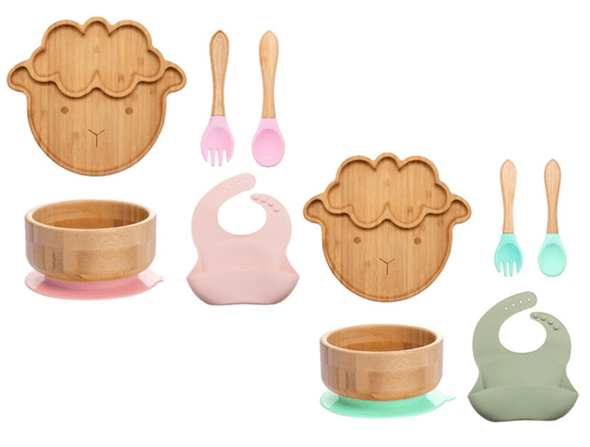 Kit Introdução Alimentar Ovelha de Bambu com Babador de Silicone (5 peças)