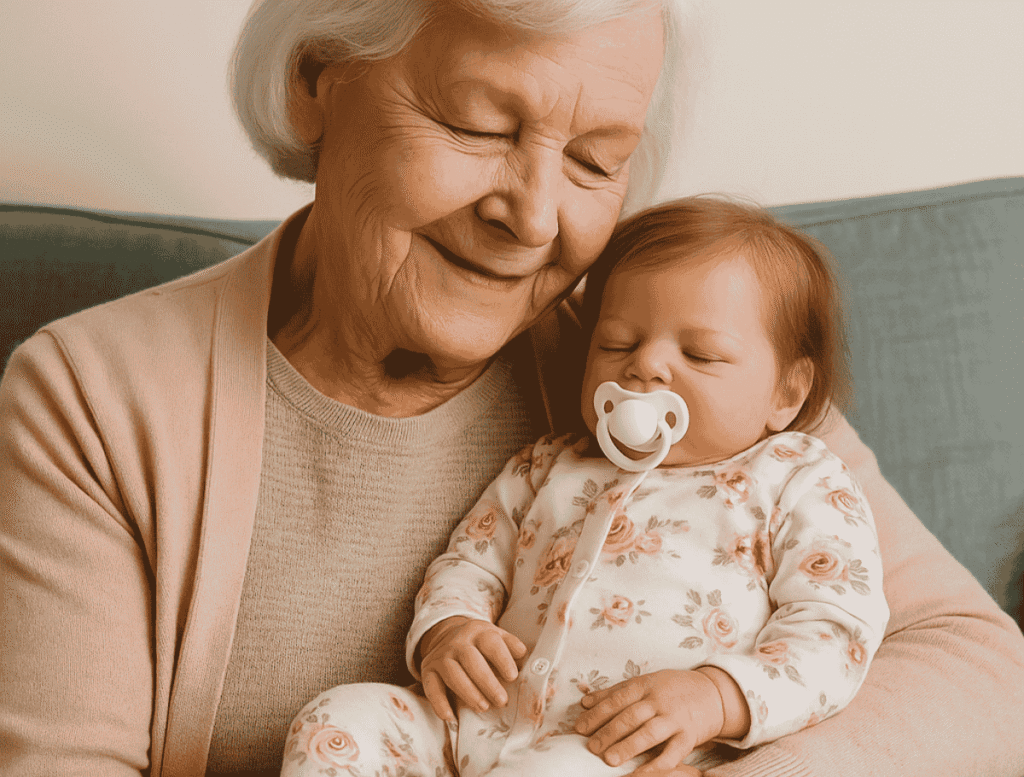 idosa feliz com um bebe reborn realista no colo