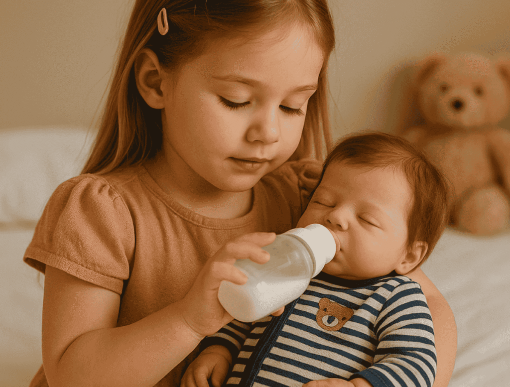 menina brincando de dar mamadeira a um bebe reborn realista no colo