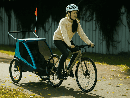 mulher pedalando carregando um carrinho de bebê tipo bicicleta com seu bebe dentro